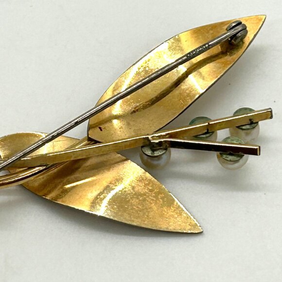 Vintage Krementz Brooch Pin Gold-Tone Leaf & Faux Pearl Floral 1.5 inch - Picture 13 of 16